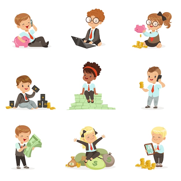 Kids in financial business set of cute boys and girls working as businessman dealing with big money