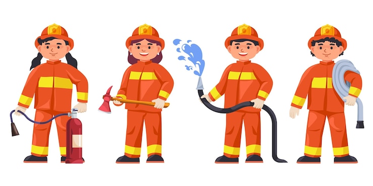 Vector kids firefighters children firemen cartoon cute characters child brave fireman in hat with hose rescue equipment funny firefighter boy girl kid brigade recent vector illustration
