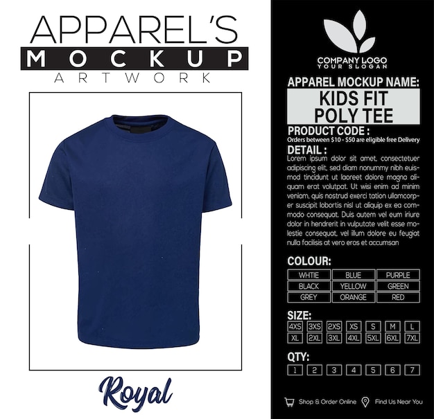 Vector kids fit poly tee royal apparel mockup artwork