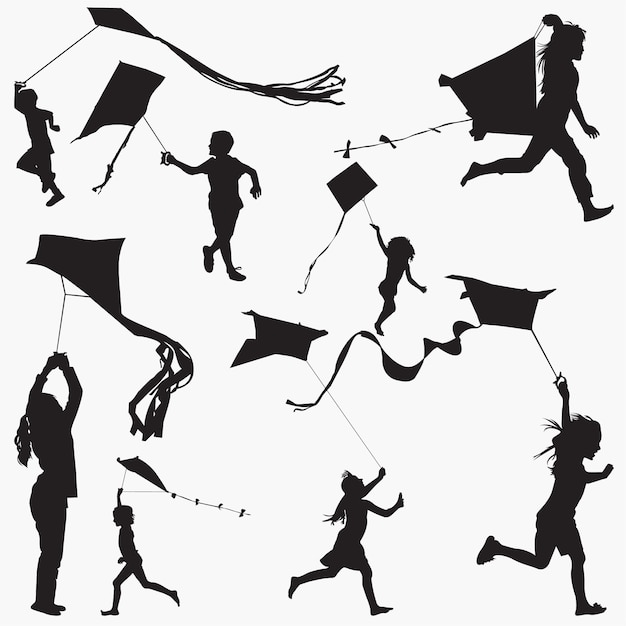 Kids Flying Kites Silhouettes