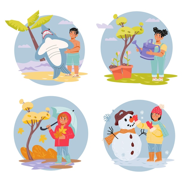 Kids four seasons of year activity, flat vector illustration isolated on a white background. Children play outdoors in summer and winter, spring and autumn.