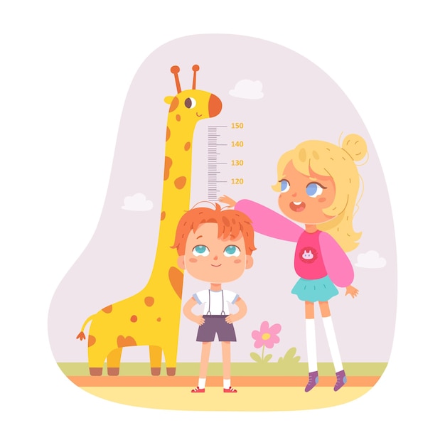 Gli amici dei bambini misurano l'altezza con il righello e la ragazza giraffa allegra in piedi con il grafico del bambino del progresso della crescita con scala in centimetri e animale isolato su bianco