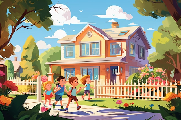 Kids in Front of House Vector