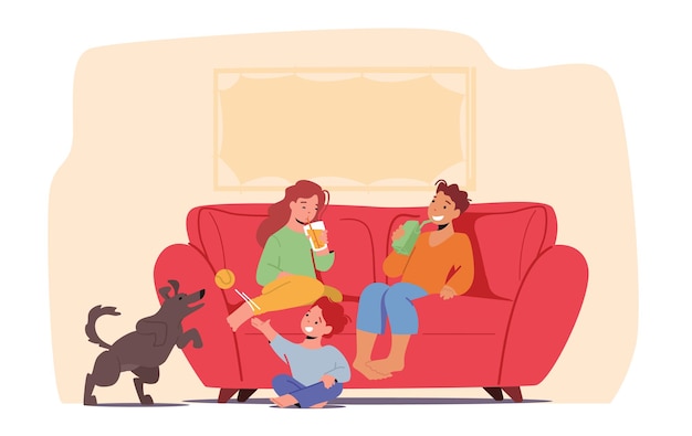 Дети весело дома концепции. маленькие дети с газированными напитками, сидя на диване, пьют напитки и играют с собакой. семейные персонажи отдых на выходных, расслабьтесь. мультфильм люди векторные иллюстрации