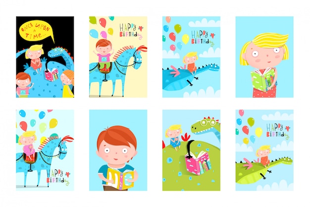 Vector kids fun reading books balloons birthday fairy tales event cards collection