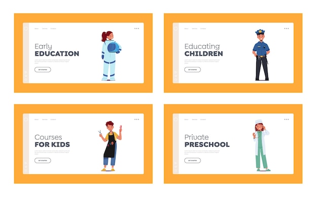 Kids Future Profession and Career Landing Page Template Set Policeman Astronaut Doctor and Hairdresser Characters