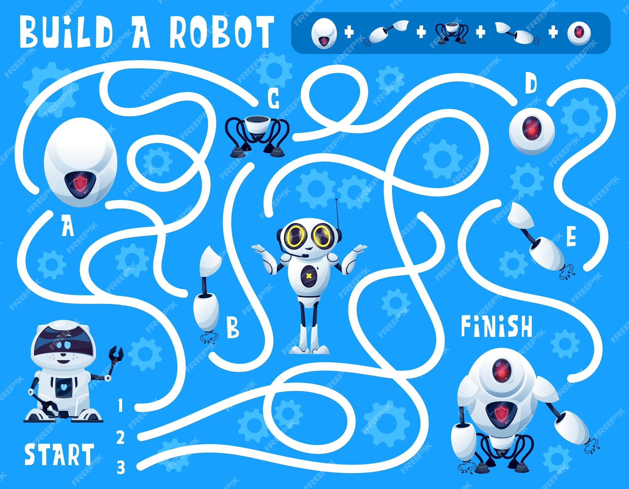 Premium Vector | Kids game build a robot maze with cartoon artificial intelligence bots and spare parts. vector education puzzle, find right way game or riddle on background with gears and androids Premium Vector | Kids game build a robot maze with cartoon artificial intelligence bots and spare parts. vector education puzzle, find right way game or riddle on background with gears and androids