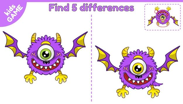 Vector kids game find differences cartoon monsters