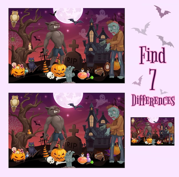 Vector kids game of find differences, halloween monsters