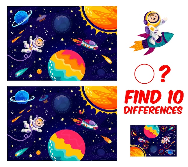 Kids game find ten differences on galaxy space