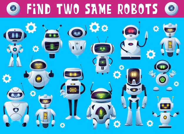 Kids game find two same robots, tabletop or board game puzzle