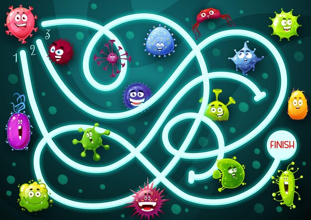 Kids game maze with smiling microbes cartoon characters. child labyrinth with cute bacteria, viruses or gems