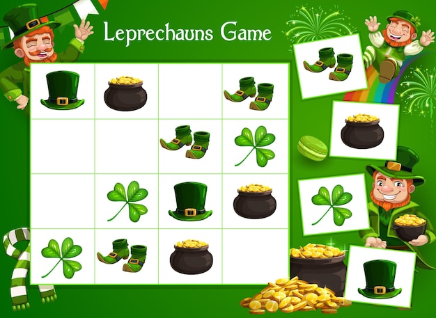 Kids game riddle with cartoon leprechaun character