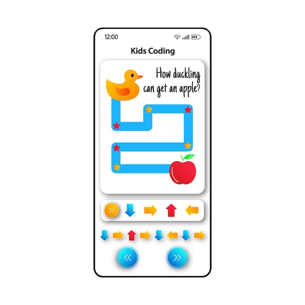 Vector kids game smartphone interface vector template. mobile app page white design layout. finding labyrinth way screen. flat ui for application. children early development fun phone display