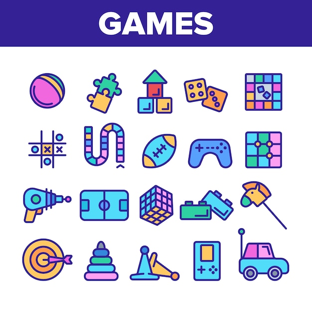 Kids Games Thin Line Icons Set