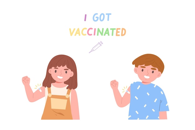 ベクトル 子供たちはcovid19ワクチン接種を受けます男の子と女の子はカラフルなigotvaccinationメッセージでワクチンを受けました