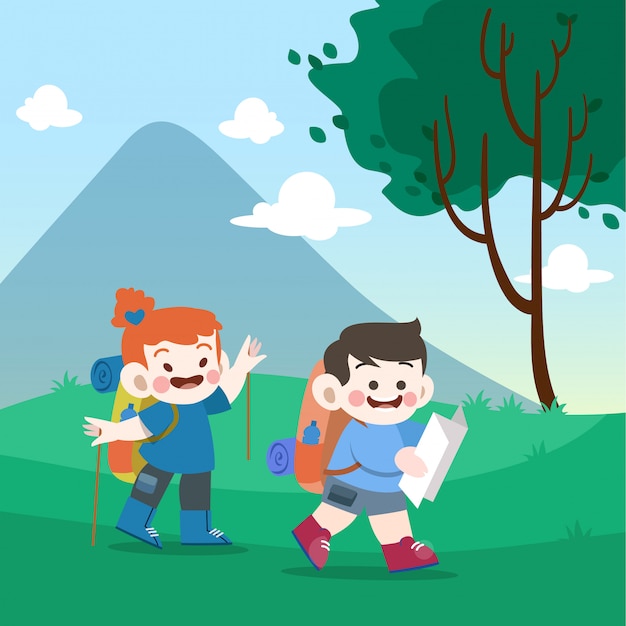 Kids go to mountain vector illustration