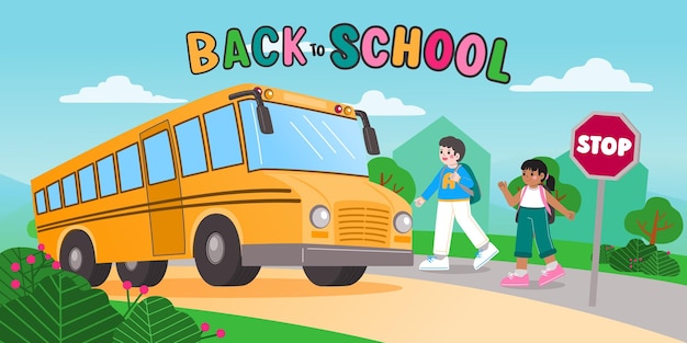 Kids go to school by bus vector illustration