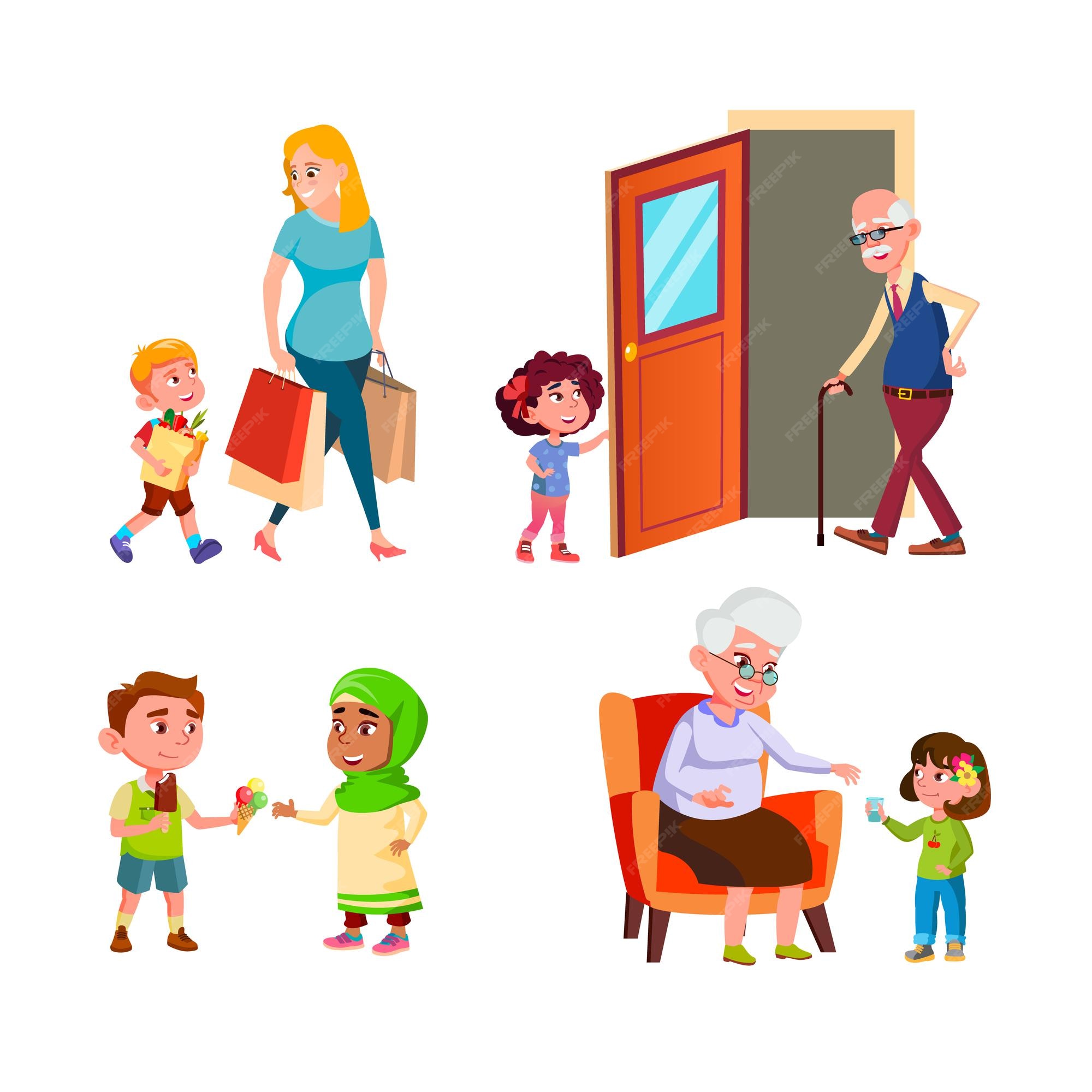 Premium Vector | Kids good manners different situations set vector. son help mother and share ice cream with friend, girl open door for grandfather and give water to grandmother. characters flat cartoon Premium Vector | Kids good manners different situations set vector. son help mother and share ice cream with friend, girl open door for grandfather and give water to grandmother. characters flat cartoon