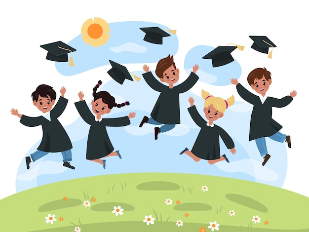 Kids graduation day. Kindergarten cute cheerful multiethnic children jump in black cloaks and academic hats. Successful graduate little happy boys and girls on summer landscape, vector cartoon concept