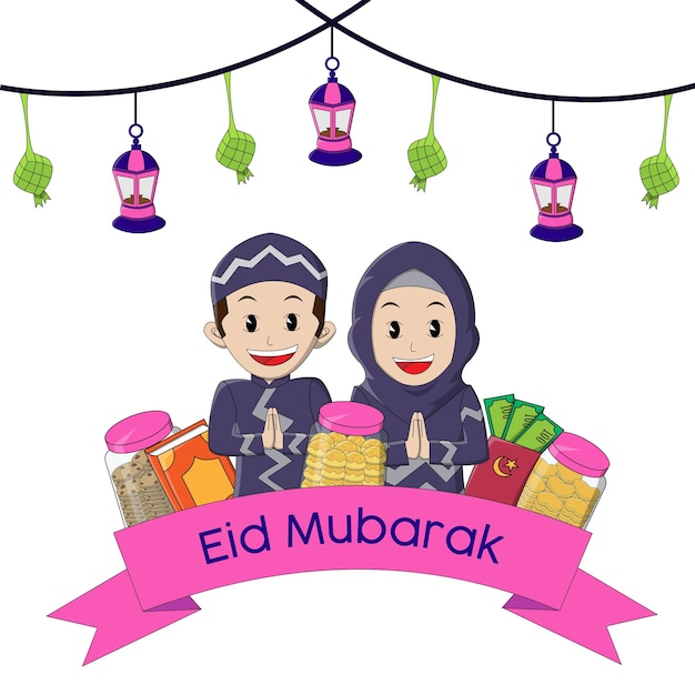 Kids greeting eid mubarak with cake and food for eid alfitr