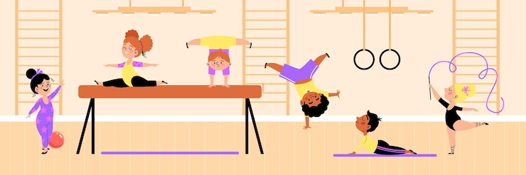 Vector 体育館フラットベクトルイラストの子供たちと子供体操クラスのバナー
