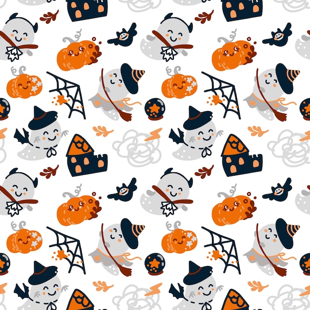 Vector kids halloween characters funny ghost whitch vampire halloween pattern for fabric wrapping