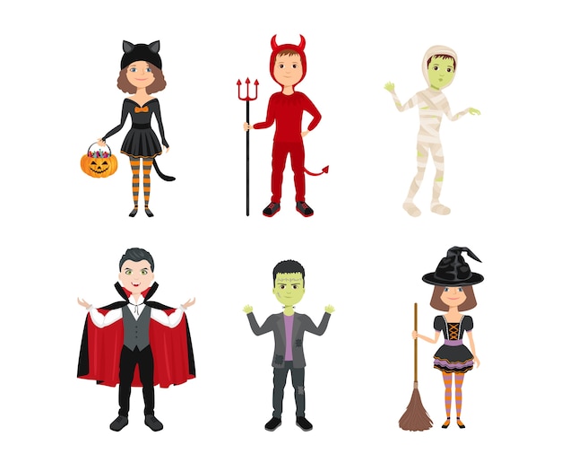 Vector kids in halloween costumes isolated