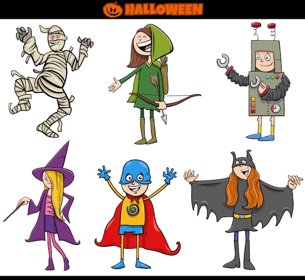 kids in Halloween costumes set cartoon illustration