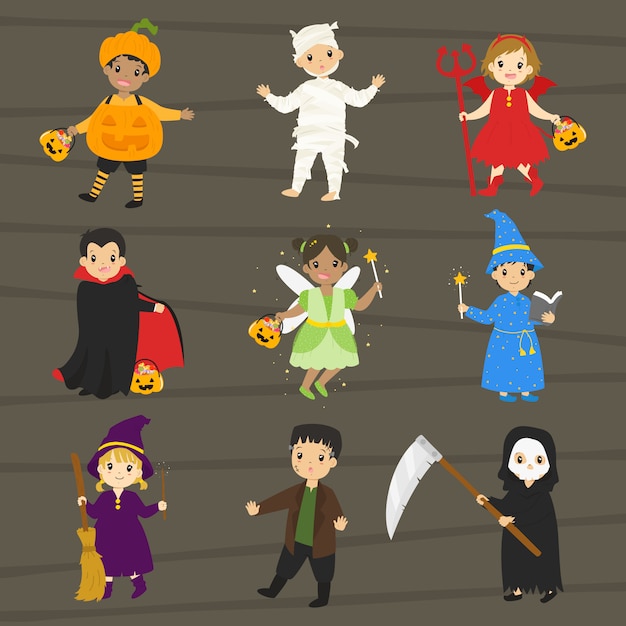 Kids in Halloween costumes set