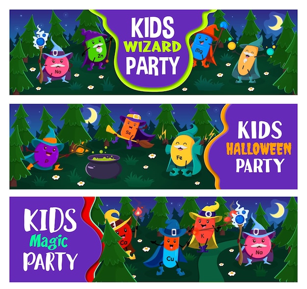 Kids Halloween party Cartoon mineral and micronutrient wizards Na Zn Mg and I P Se Fe Ca Cu K and Na warlocks witches and sorcerer characters in night forest Vector horizontal banners