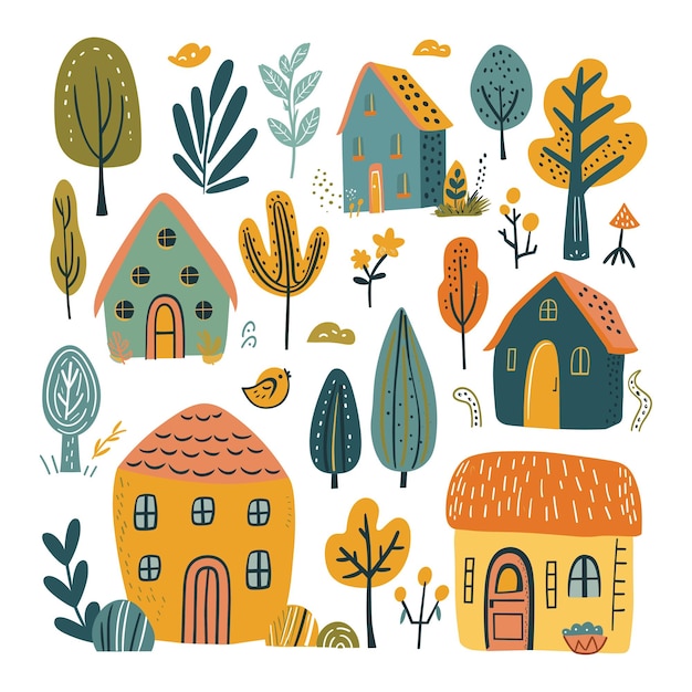 Vector kids handdrawn illustration set of folk art style houses and trees with playful color