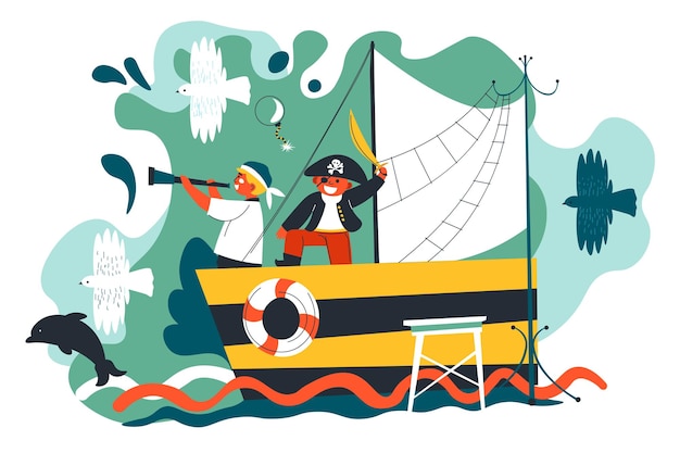 Kids having fun in amusement park playing pirate games on old wooden ship. Children resting and entertaining by river or pool. Friends imagining captains and sailors game. Vector in flat style