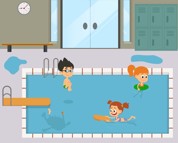 Дети веселятся и купаются в бассейне.