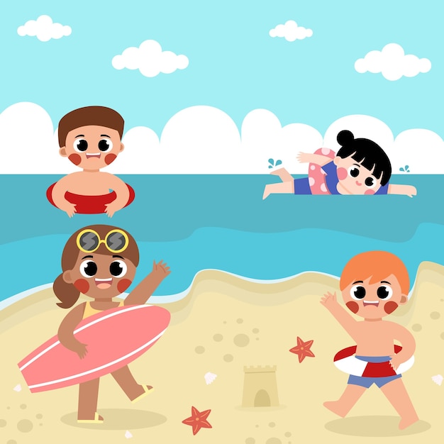 벡터 여름철 해변에서 즐거운 시간을 보내는 아이들