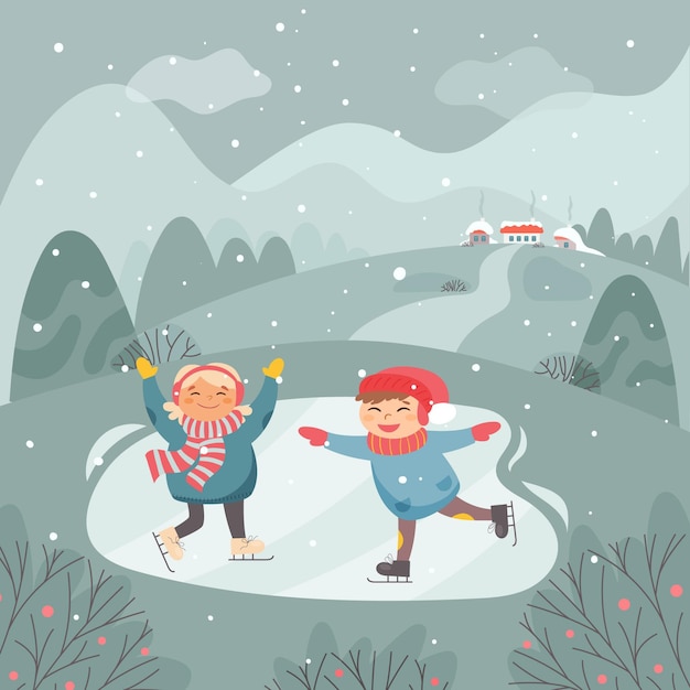 Vector kids having fun in snow scene