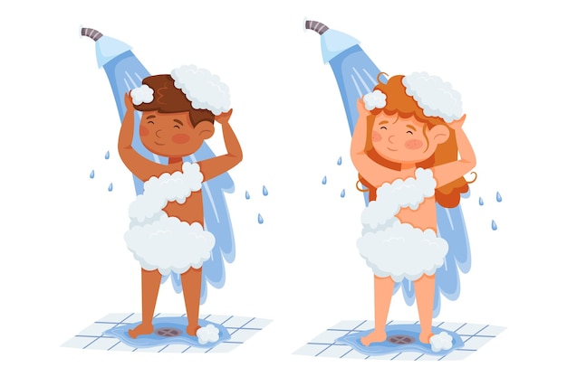 Kids having shower girl and boy washing hair and body standing under water cartoon female and male characters in soap