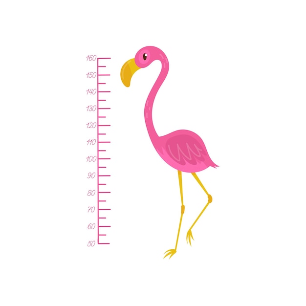 子供の身長チャートとフラミンゴピンクの羽、黄色のくちばしと長く細い脚を持つエキゾチックな鳥子供部屋の壁の装飾フラットベクトル