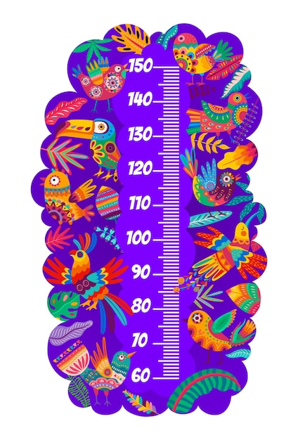 Таблица роста детей, яркие птицы алебрие и шкала измерителя роста. векторная настенная наклейка для измерения роста детей с мультяшным мексиканским попугаем, туканом, тропическими листьями и цветочным орнаментом