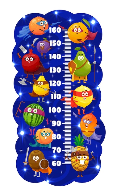Детская диаграмма роста, мультяшные защитники фруктов и персонажи-супергерои, векторная линейка измерения роста с мультяшными апельсином и ананасом, яблоком и персиком, киви, сливой и арбузом в силовой накидке