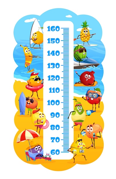 Kids height chart cartoon tropical fruits on beach