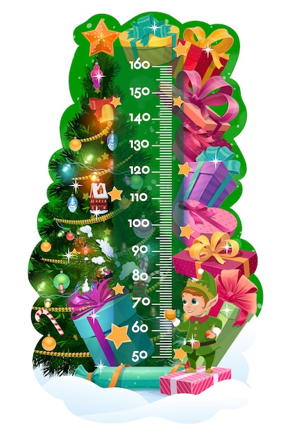 Kids height chart, Christmas tree, gifts and cute elf. Vector children stadiometer or growth measure meter with cartoon background of Xmas tree, present boxes, ribbon bows and stars with ruler scale