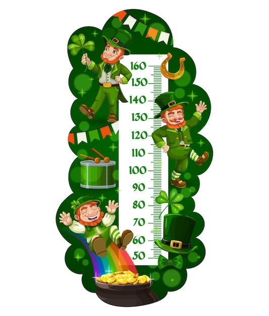 Kids height chart funny leprechauns growth measuring meter vector background Kids cartoon height chart or baby measure scale with Irish Patrick day leprechauns gold coins and rainbow