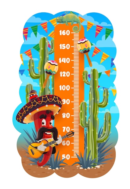 Vector kids height chart mexican mariachi pepper guitar