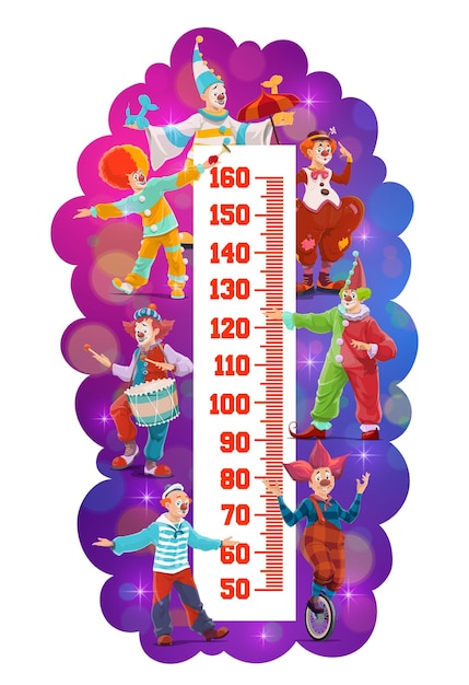 Kids height chart, shapito circus cartoon clowns