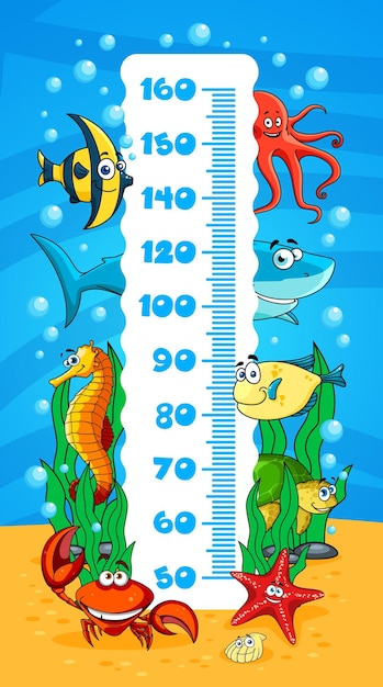 Vector kids height chart underwater cartoon sea animals