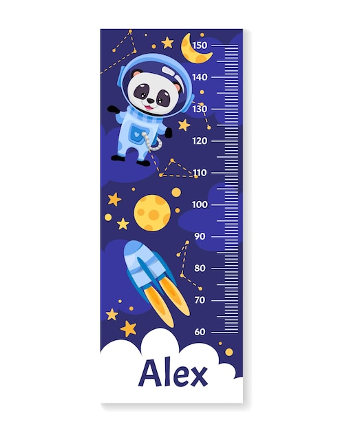 Vettore grafico dell'altezza dei bambini con astronauta animale in tuta spaziale, pianeti, astronavi, razzi, stelle e luna.