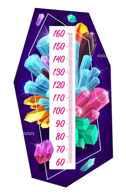 Vector kids height chart with brilliant gems and crystals