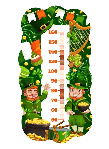 Kids height chart with cartoon leprechauns and gold vector growth measure Kids height measuring meter baby tall scale with Irish Patrick day leprechauns gold coins Ireland flags and candies