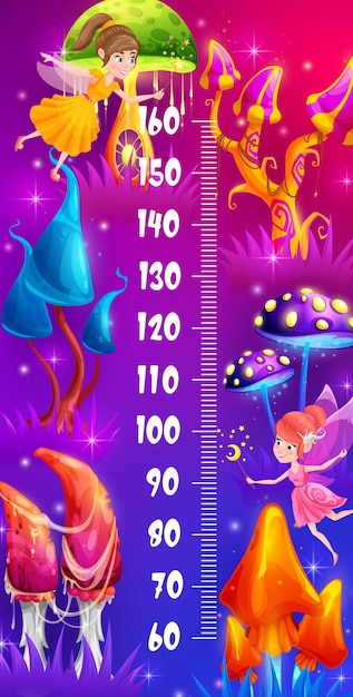 Kids height chart with cartoon magic mushrooms, fairy and sorceress. children growth meter with fairytale creatures, forest fairies with magic wand, fantasy glowing vibrant colors mushrooms in grass